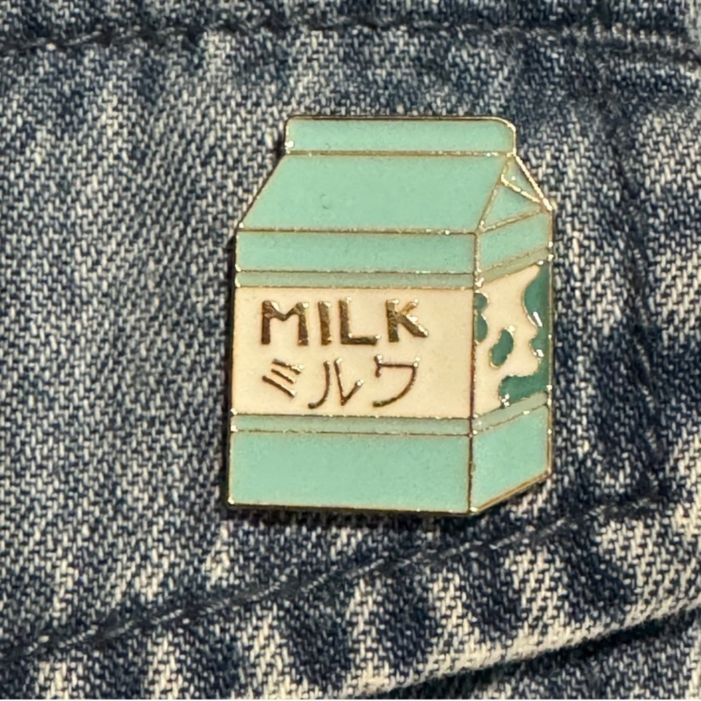Womenโs Jewelry Cute Blue Milk Carton Enamel Pin with Gold and White Accents